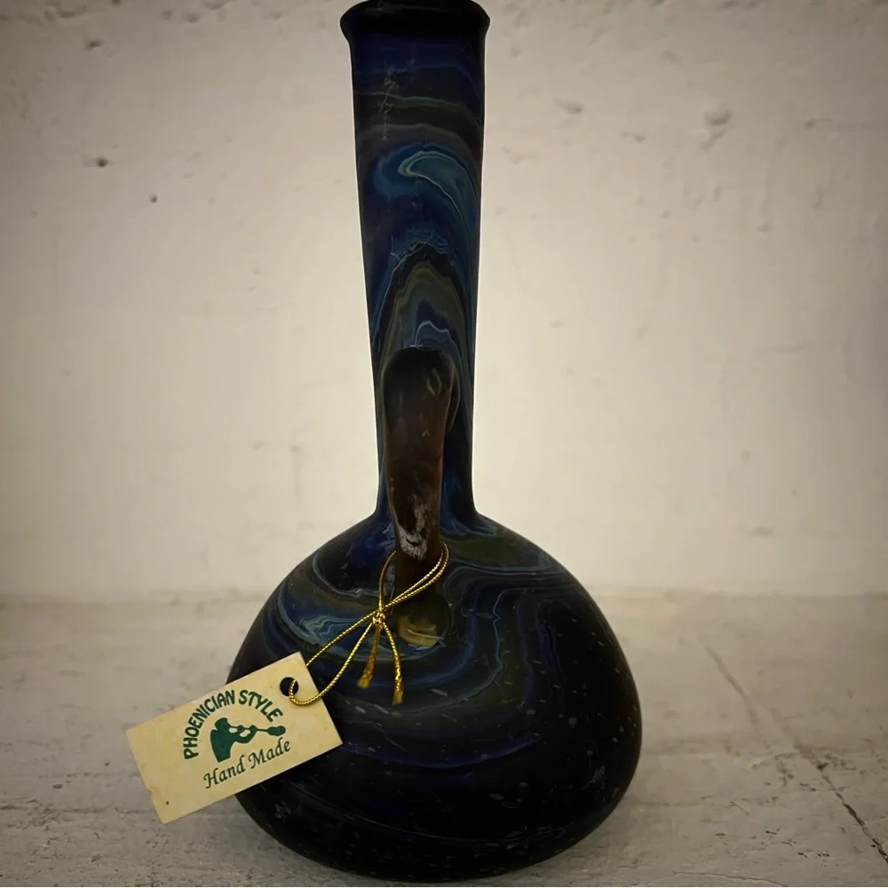 NEW Mini Blue Glass Pitcher Jar Long Neck Vase Phoenician Hebron Glass